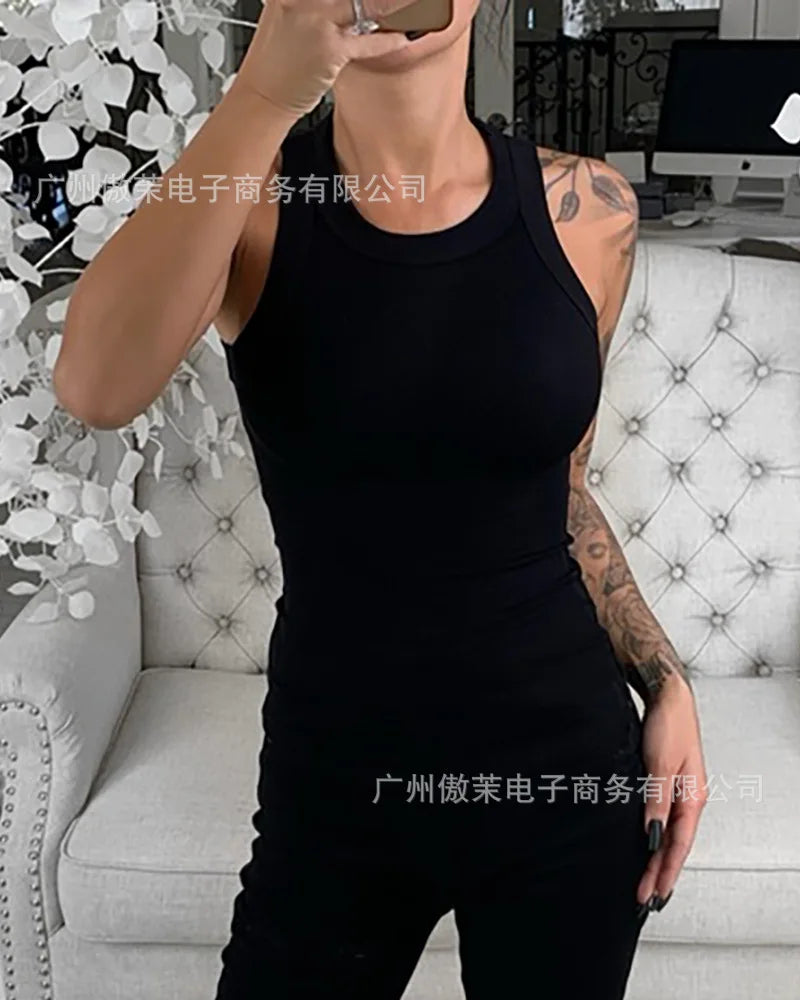Women Tops Sexy Top Slim Fit Tees Vest Round Neck Sleeveless Tanks Camis Solid Sheath Elegant Splice Tight Waist Summer