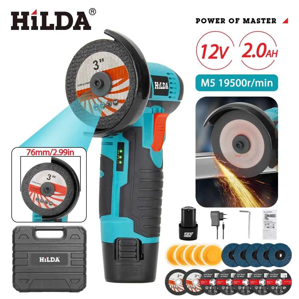 HILDA 3 inch 12V Miniature Rechargeable Angle Grinder with Battery Cutting Blade Polishing Grinder for Cutting Diamond Cordless