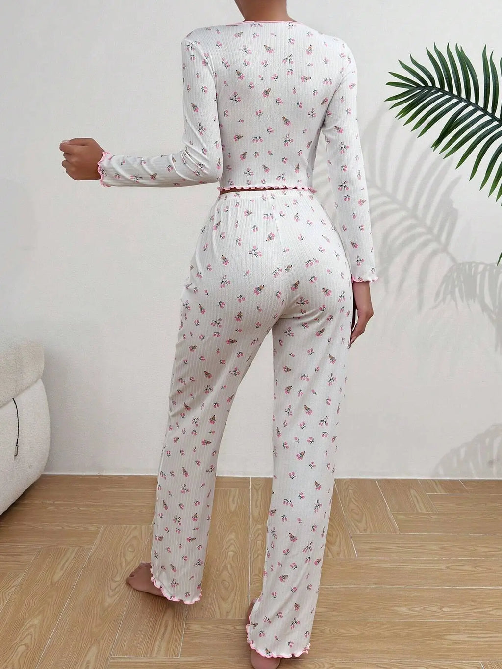 Y2K Cute Floral Ribbed Pajama Set Womens Long Sleeve V Neck Two Piece Sleepwear Homewear Autumn Winter Bow Lettuce Trim New Hot