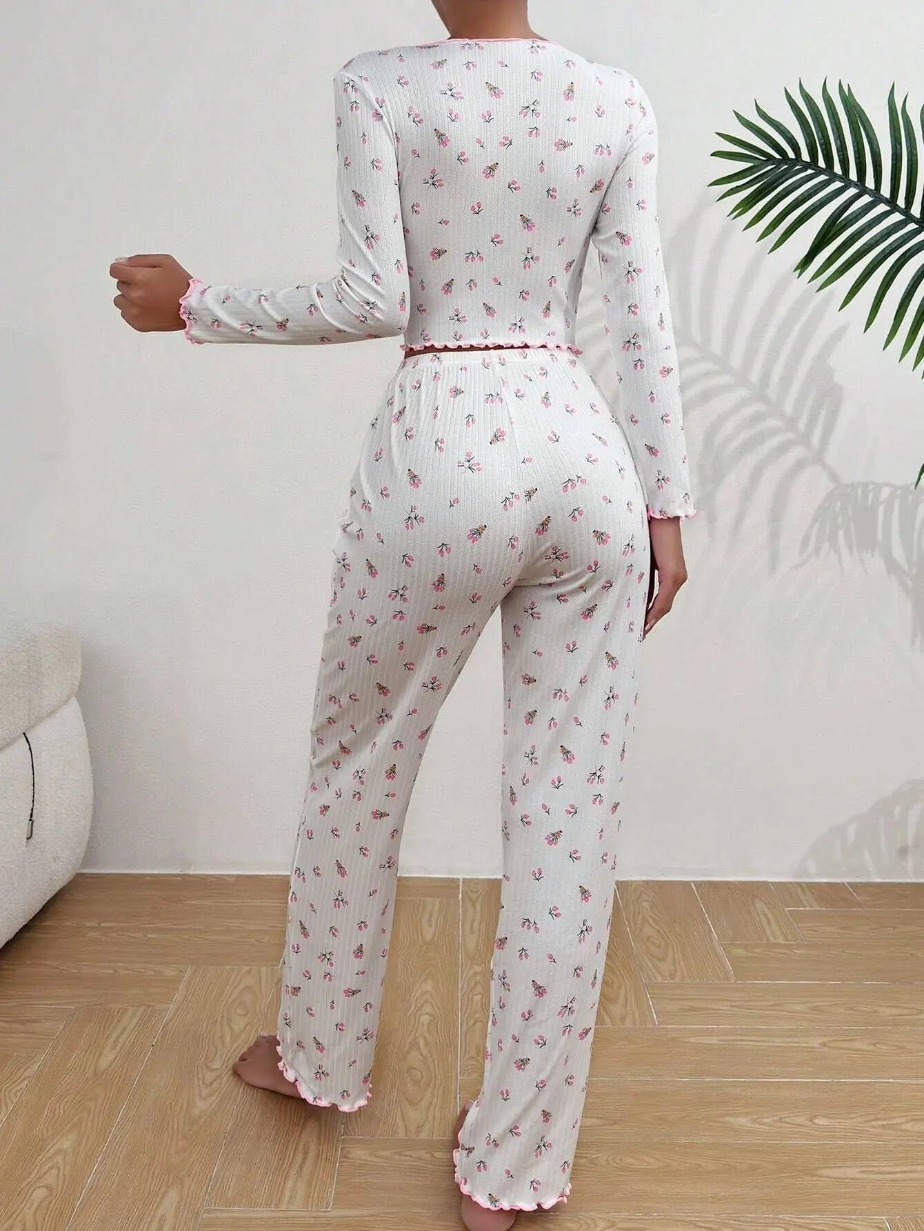 Y2K Cute Floral Ribbed Pajama Set Womens Long Sleeve V Neck Two Piece Sleepwear Homewear Autumn Winter Bow Lettuce Trim New Hot