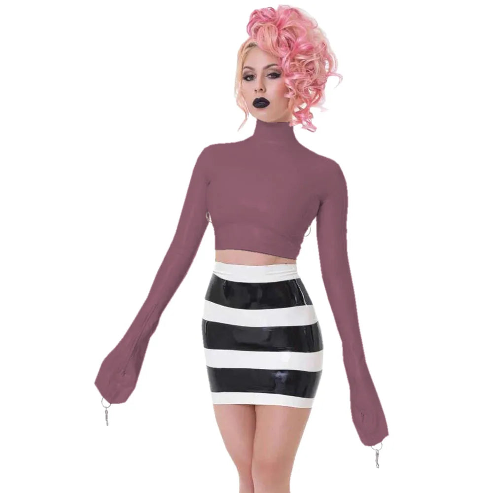 Sexy Crop Tops with Finger High Neck, Slim Skinny Leather, PVC Short Shirts, Vinyl Sexy Top with Lock Key, Club Night