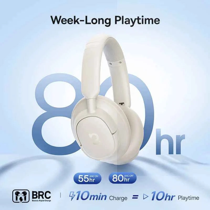 Baseus Bass EH10 NC Wireless Headphones Bluetooth 6.0 Noise Canceling 45dB Over Ear HeadsetSpatial Audio Earphone 80H Time