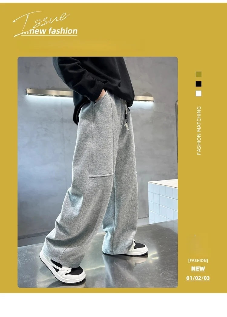 2026 New Spring Casual Kids Pants Black Elastic Waist Straight Leg Sweatpants for Boys Loose Pocket Children Trousers
