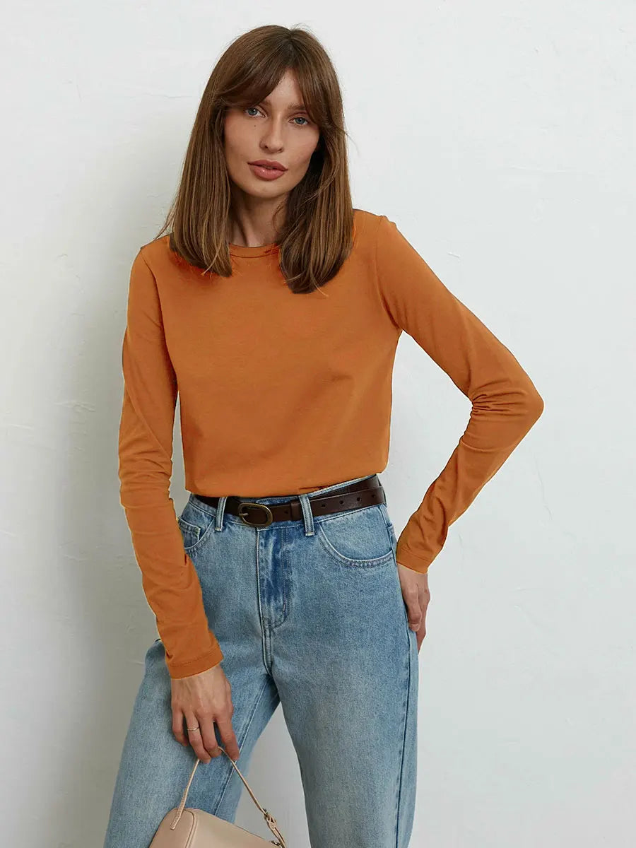 Wolfeel Women's Spring Autumn 100% Cotton T-shirt Bottoming Basic Solid Lady Long Sleeve Loose Tops Shirts Oversized T Shirt