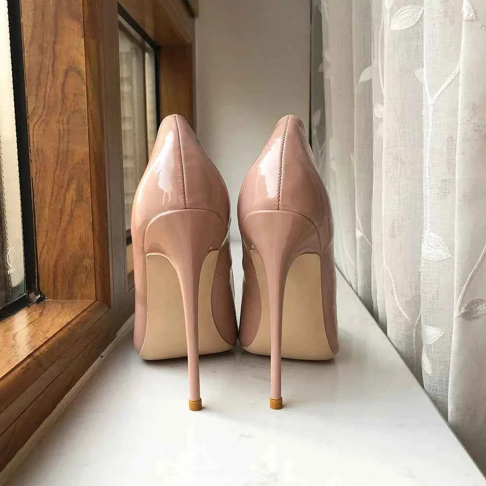 Tikicup Solid Nude Patent Women Pointy Toe Stiletto High Heels Slip On OL Wedding Party Dress Shoes Elegant Ladies Formal Pumps