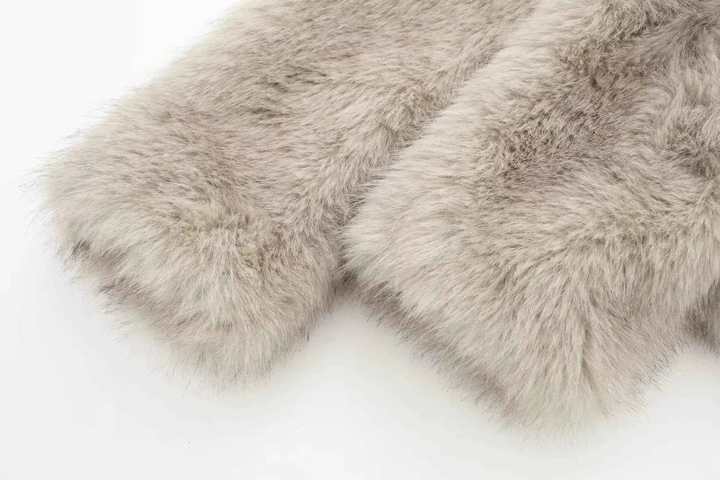 HH Women Fashion Cropped Faux Fur Jacket Coat Long Sleeve Front Snap-button Female Outerwear Chic Lapel Collar Thick Coat