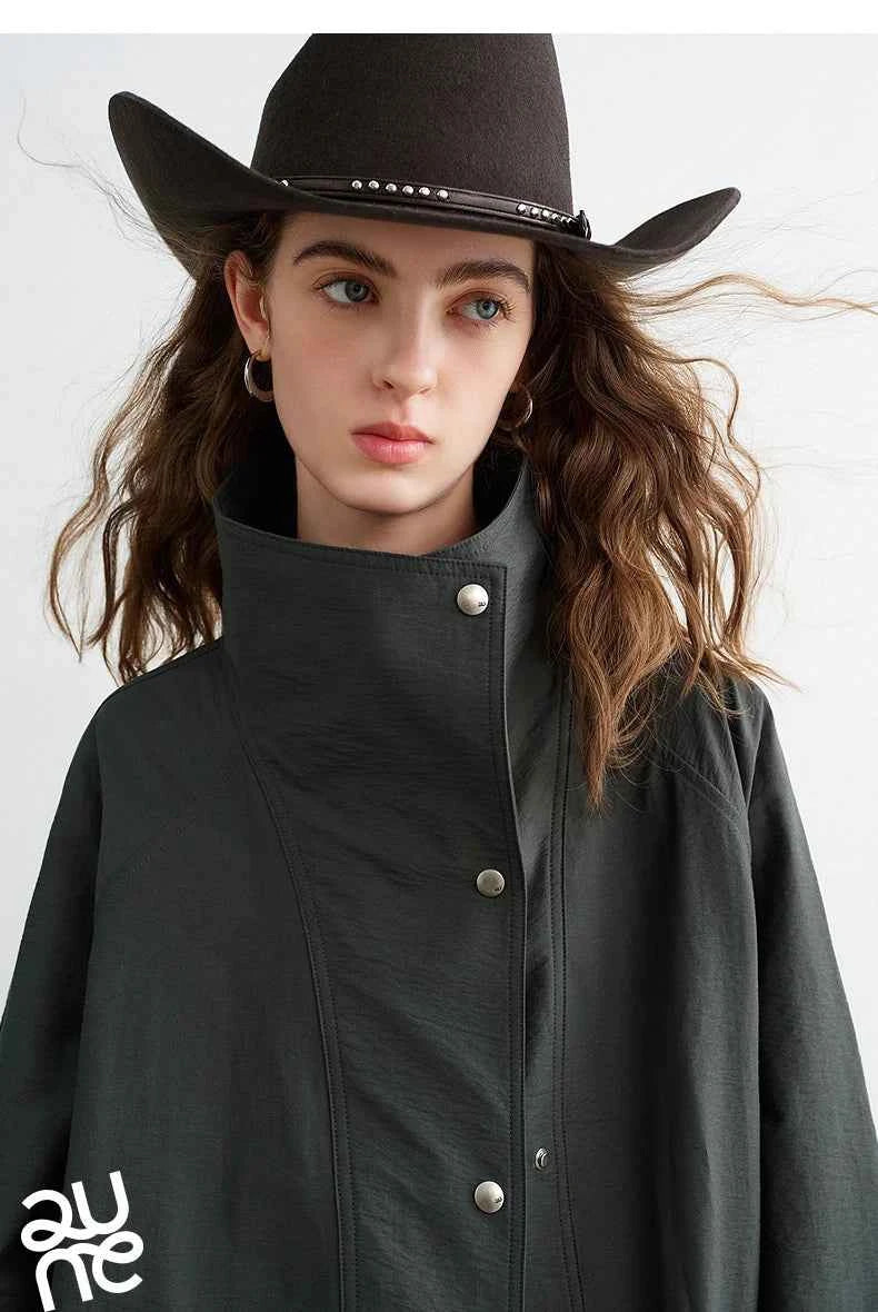 TOYOUTH Women's 2026 Spring New Loose Stand-Collar Utility-Style Lightweight Jacket Coat with Slub Wrinkle Texture
