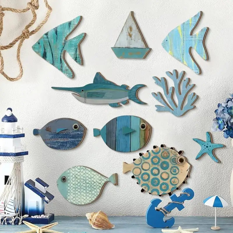 10pcs/set Fish Home Wall Decor Wooden Fish Hanging Beach Theme Bathroom Art Nautical Coastal Ocean Decoration