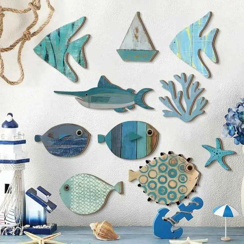 10pcs/set Fish Home Wall Decor Wooden Fish Hanging Beach Theme Bathroom Art Nautical Coastal Ocean Decoration