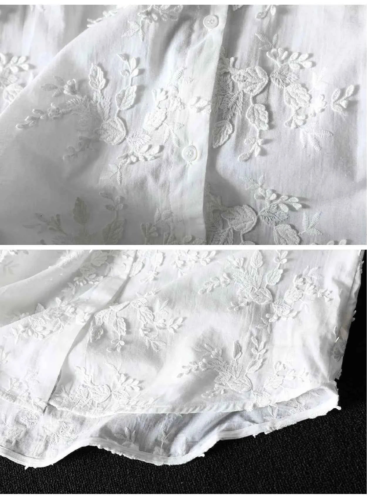 SuperAen Spring New Three-dimensional Flower Embroidered Cotton White Shirt Women Loose Sweet O-neck Long-sleeved Shirts