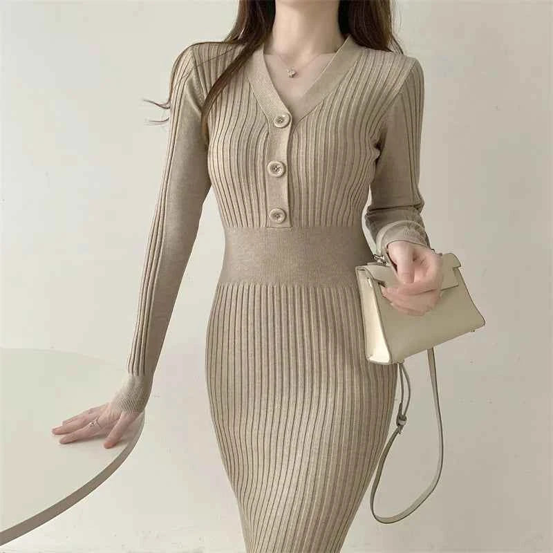 Autumn Winter Sweater Dress For Women 2024 New Arrivals Buttons Up V Neck High Waist Long Knitted Dress Korean Maxi Dresses