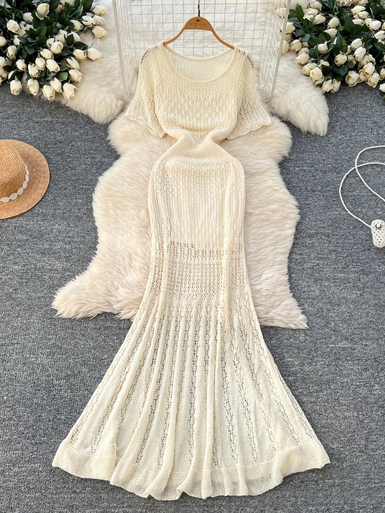 Women Hollow Knitted Dress Summer Flower Short Sleeved Fishtail Bodycon Dress with Camisole Dresses Vintage Party Long Robe