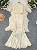 Women Hollow Knitted Dress Summer Flower Short Sleeved Fishtail Bodycon Dress with Camisole Dresses Vintage Party Long Robe