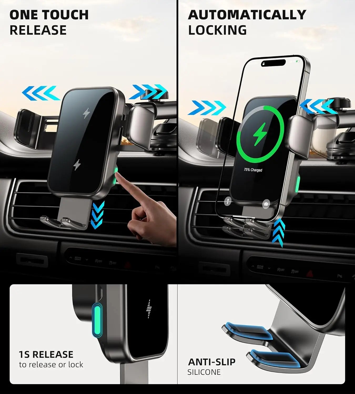 15W Car Phone Holder Wireless Car Charger Dual Coil Dash Vent Windshield Auto Clamping Charging Phone Holders for iPhone S24/S23