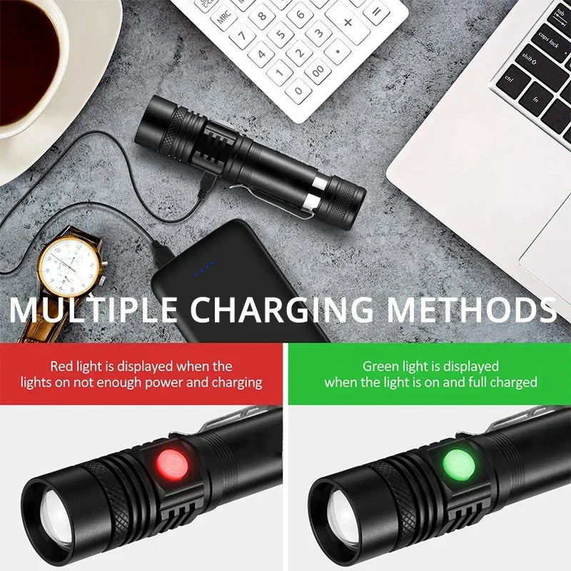 Powerful LED Flashlight with Clip Portable Telescopic Zoom Rechargeable Defense Flashligh For Outdoor Camping Hiking Cycling