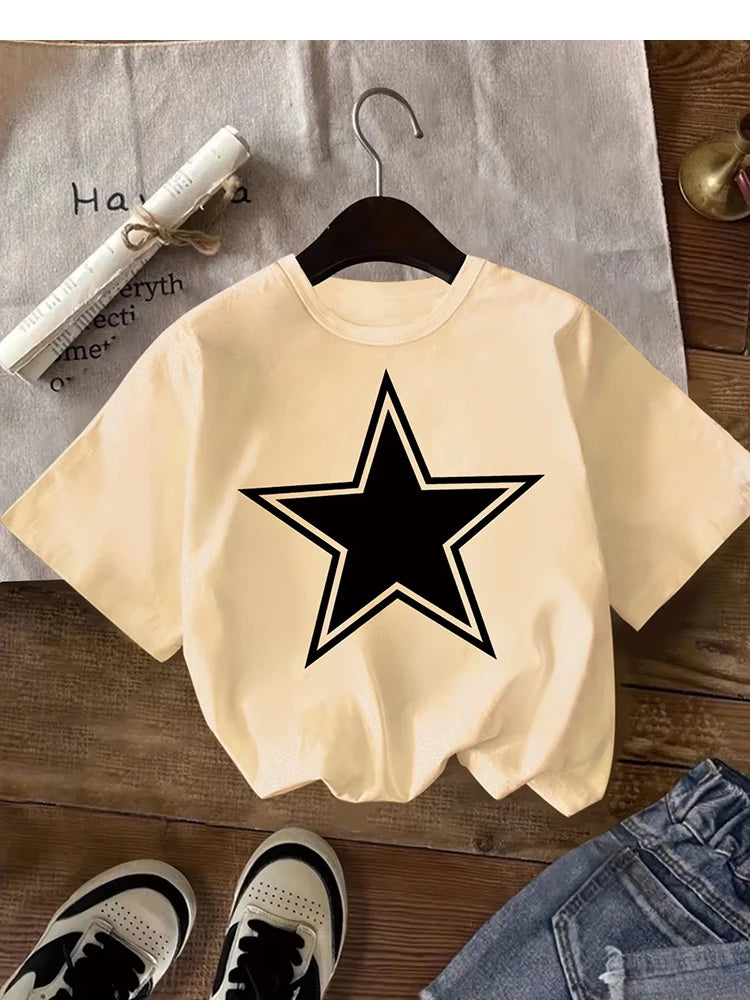 Kids Black Star Graphic T-Shirt, Soft Cotton, Minimalist Casual Wear for Boys & Girlstk0118