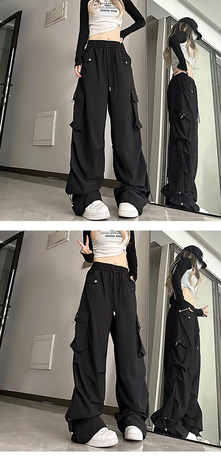 2024 American style large pocket cargo pants women's spring summer new style wide leg pants loose slimming casual sports pants