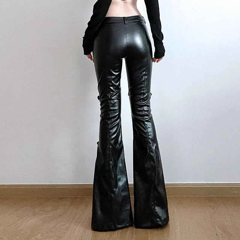 SUCHCUTE PU Leather Flare Pant Goth Buckle Lace Patchwork Pants Women Fashion Y2K Streetwear Vintage Aesthetics Casual Trouesrs