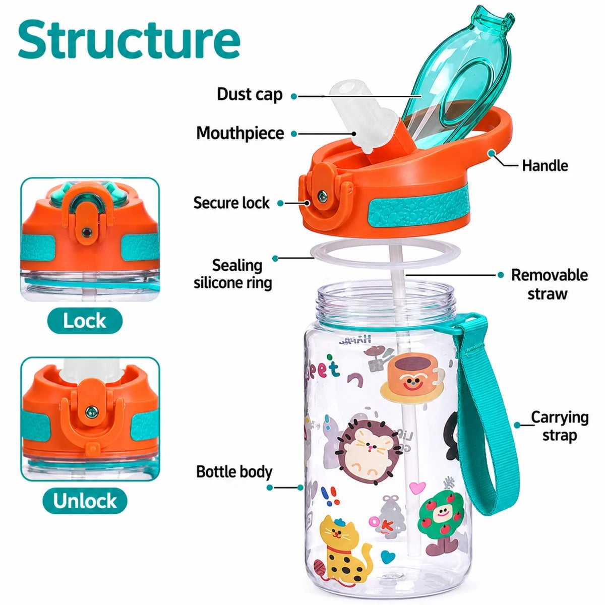 600ml Water Bottle With Straw Leakproof Flip Cap Cute Animal Print Portable Hanging Rope School Outdoor Sports Drinking Plastic