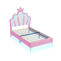 Comanlai Children's Bed  90x200cm with LED Light and Crown-shaped Headboard,Upholstered Bed with Slatted Frame,PU Leather,Pink