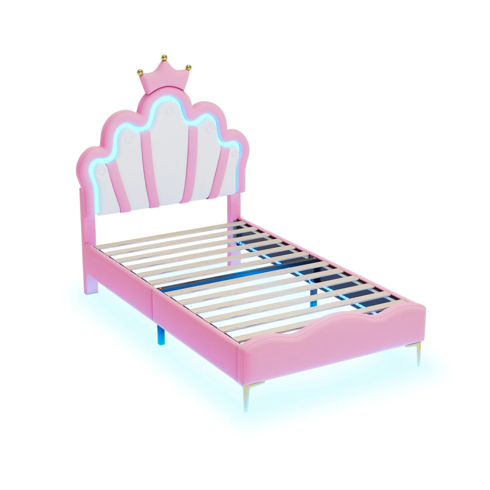 Comanlai Children's Bed  90x200cm with LED Light and Crown-shaped Headboard,Upholstered Bed with Slatted Frame,PU Leather,Pink