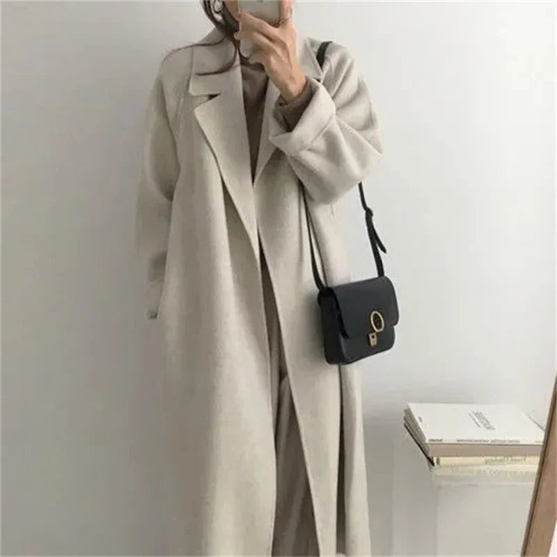 Chic Thick Warm Lapel Lace-up Pockets Loose Woolen Coat 2025 Autumn Winter New Korean Female Long Oversize Casual Women Clothes