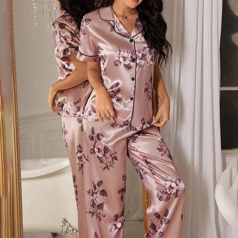 Women's Pajamas Sets Autumn Short Sleeve Buttons Top & Pants Sleepwear 2 Piece Button-Down Pj Set Homewear Satin Loungewear