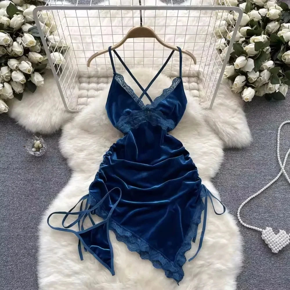 Summer Girls Sexy Hot Sweet Transparent Suspender Mini Dress Women Elastic Waist And Backless Strap Lolita Pajamas Bubble Skirt
