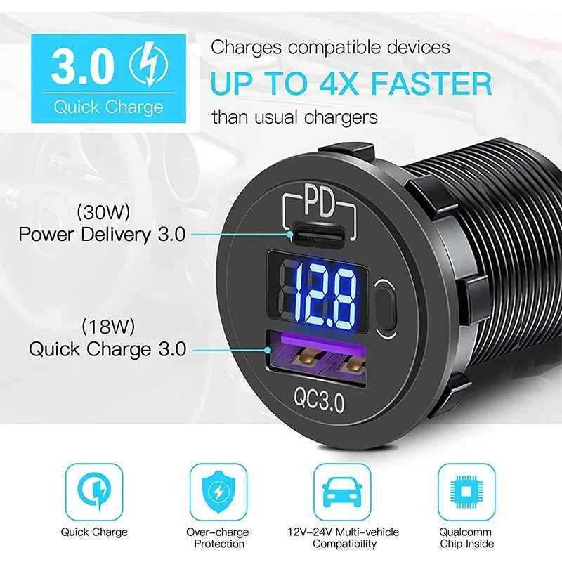 USB C Car Charger Socket 12V/24V Dual USB Socket PD3.0 and QC3.0 Car USB Port With LED Voltmeter and On/Off Switch