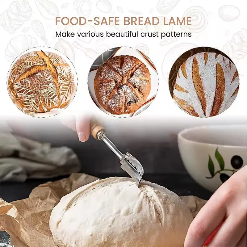 Premium Stainless Steel Bread Lame Set with 5 Replacement Blades Curved Baguette Cutter Wooden Handle Baking Tool