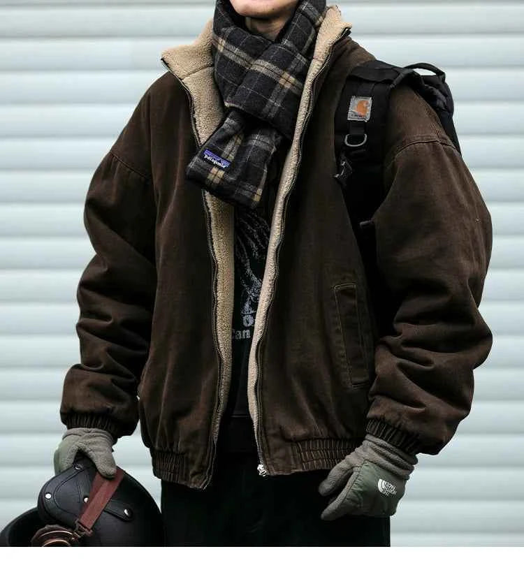 Japanese Vintage Polar Fleece Jacket Men Winter High Quality Thick Jacket Korean Streetwear Loose Couple Trendy Warm Coat Male
