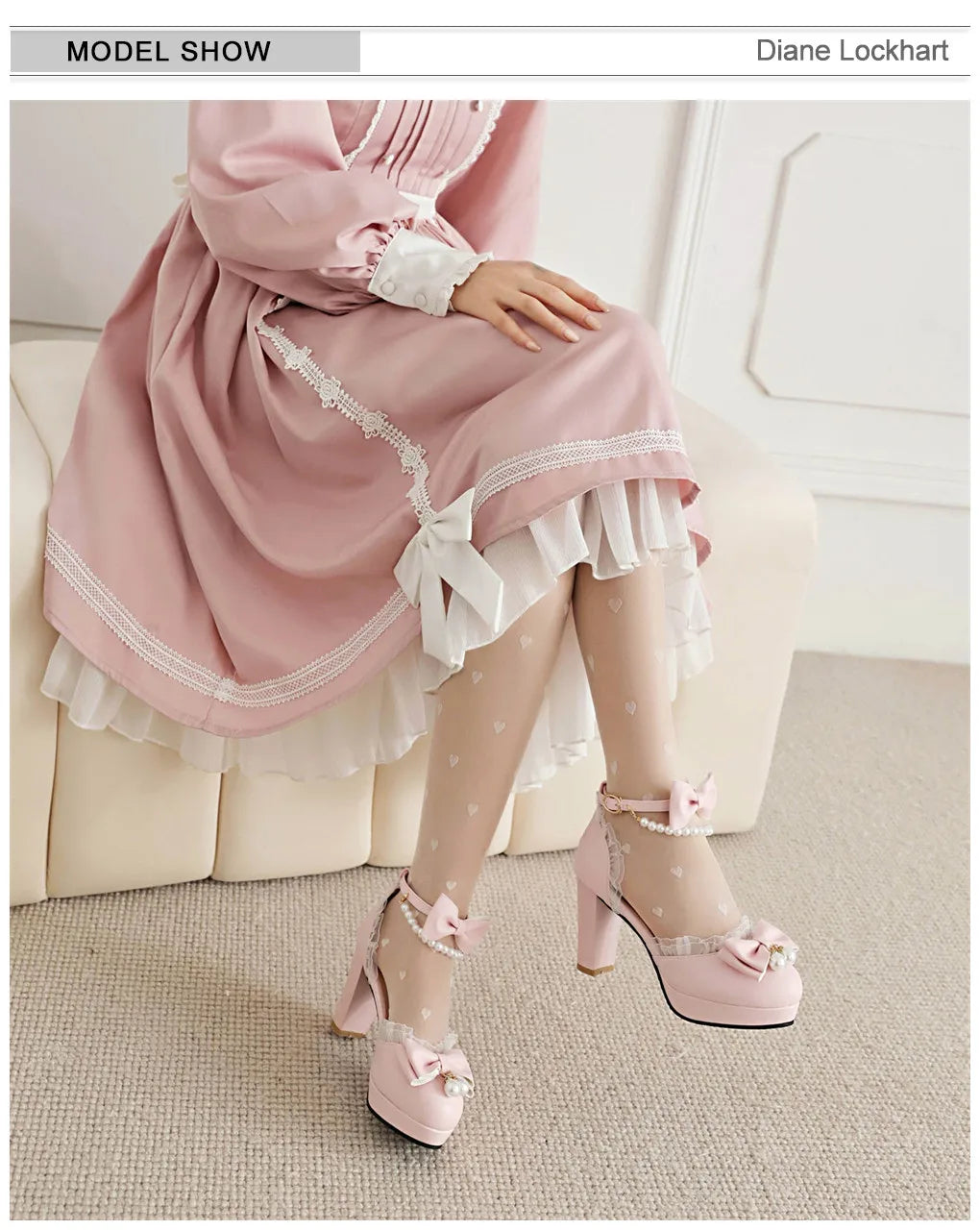 Spring Pearl Ankle Strap Women High Heels Mary Jane Pumps Party Wedding Cosplay White Pink Bow Princess High-heeled Lolita Shoes