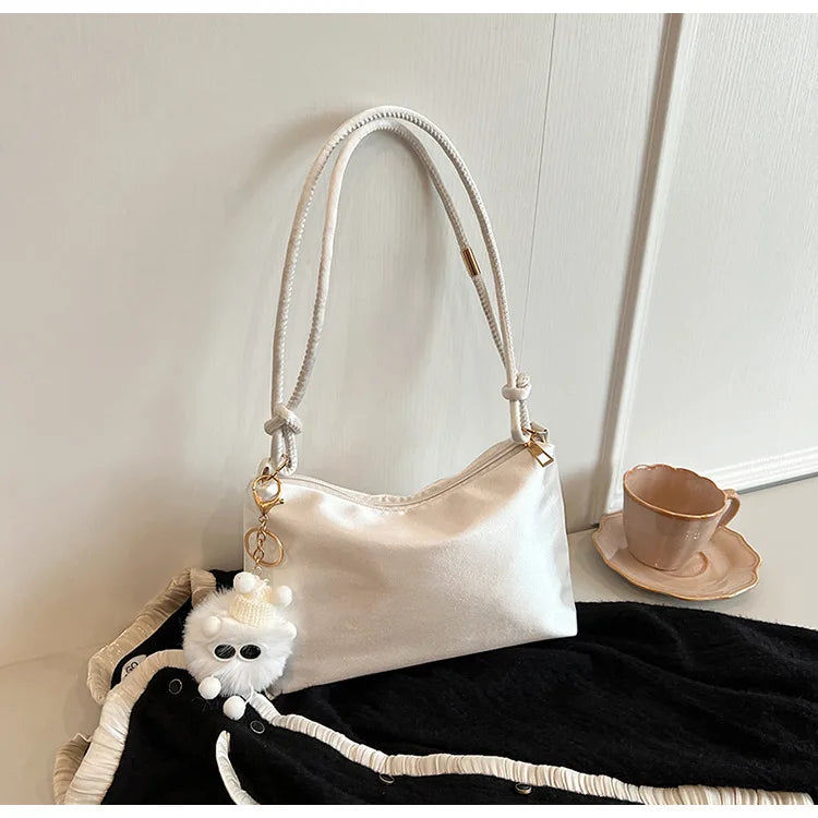 High Quality Solid Color Fashion Elegant Shoulder Bag Smooth Cloth Satin Underarm Bag Leisure Shoulder Bag Lady Handbags Purse