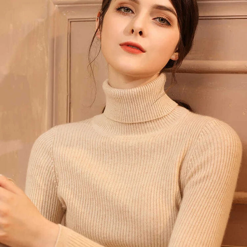 2026 Simple Women Turtleneck Sweater Winter Fashion Pullover Elastic Knit Ladies Jumper Casual Solid Black Female Basic Tops