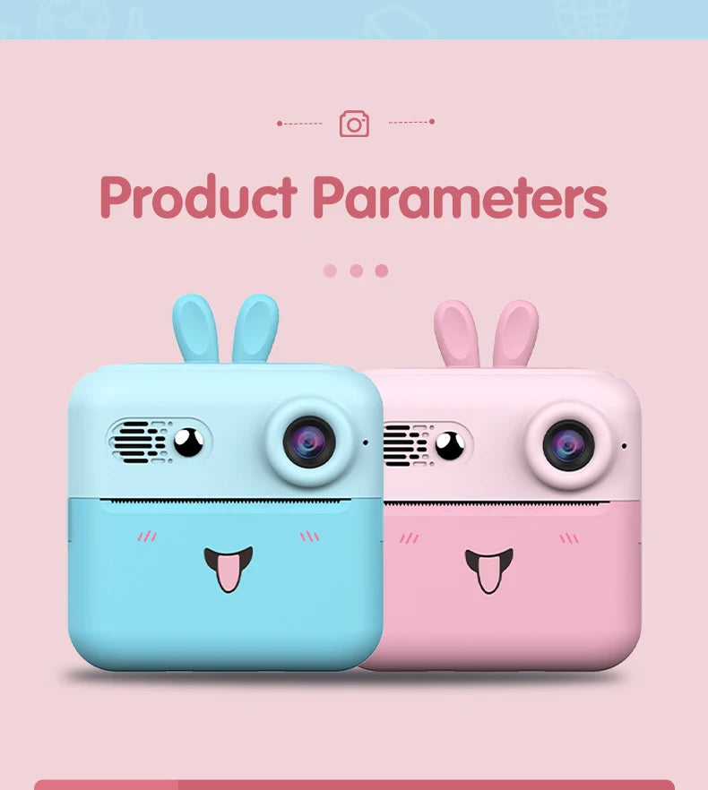 Kids Photo Camera Printer with Game Cute Bunny Mini Digital Video Child Instant Print Camera 4-12 Years Kids Girls Boyes Gifts