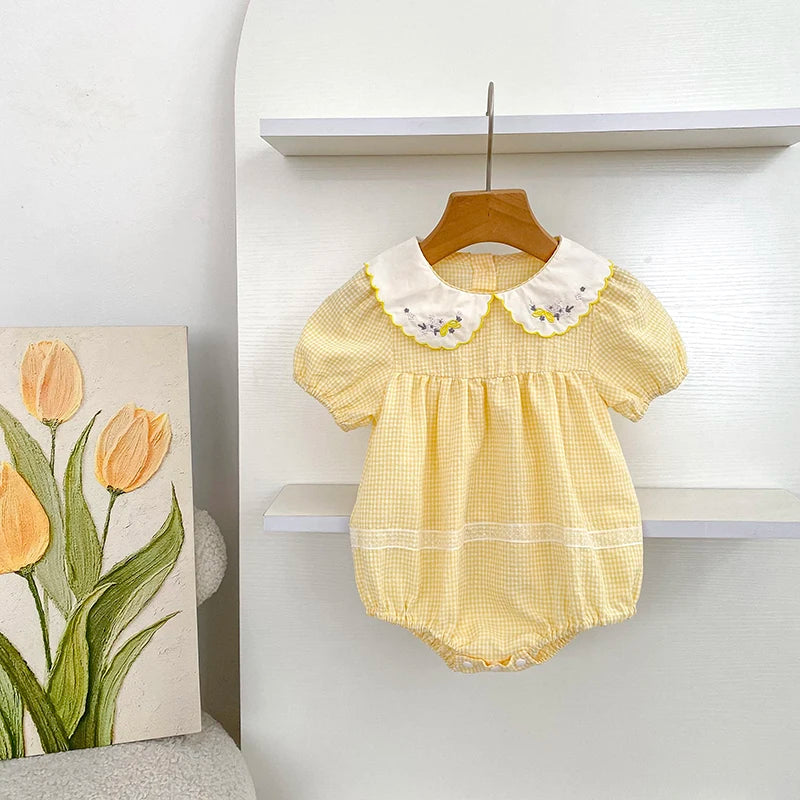 2026 Summer Baby Girl Embroidered Collar Bodysuits 0-24M Baby Girl Romper Newborn Short Sleeved Baby Girl Yellow Jumpsuit