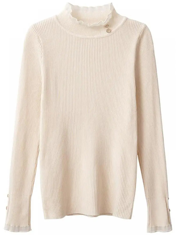 2026 Knitted Women Sweater O-neck Button Pullovers Autumn Winter Basic Sweaters for Female Pullover Slim Solid Bold Lace Tops