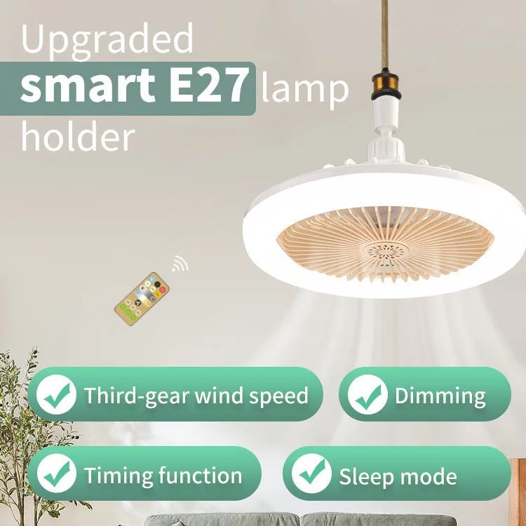 E27 30w LED Ceiling Fan with Light Remote Control Dimmable Ceiling Bulb with Cooling Fan 3 Modes Indoor Bedroom Chandelier