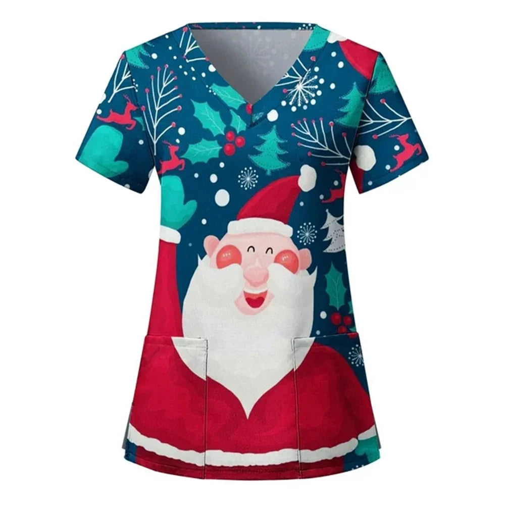 Womens Christmas Nurse T Shirt Print Short Sleeve V Neck Workwear With Pocket Working Nurse Work Wear Overalls Medical Uniforms