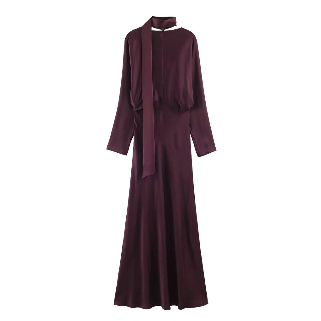2026 New Scarf Solid Elegant Maxi Dresses Women Spring V Neck Long Sleeve Club Party Long Dress Female Chic Slim Fit Dresses