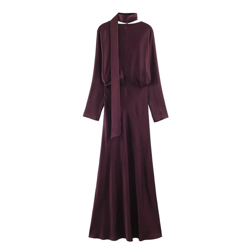 2026 New Scarf Solid Elegant Maxi Dresses Women Spring V Neck Long Sleeve Club Party Long Dress Female Chic Slim Fit Dresses
