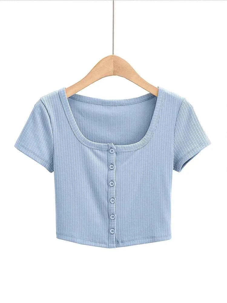 Women Rib Button Through Short Sleeve Top