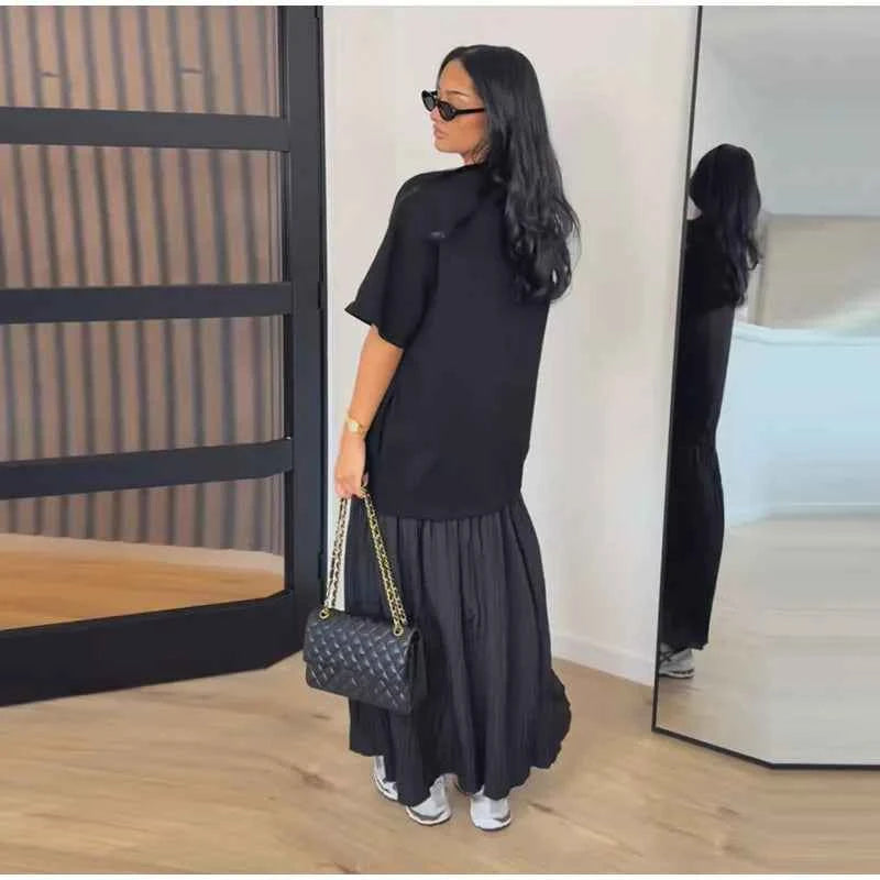 Elegant Women Patchwork Long Dress Short Sleeve O Neck Button A-Line Dresses Spring Summer Vintage Beach Vacation Casual Robes