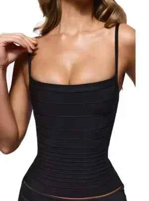 Women's Corset Tops Bandage Striped Spaghetti Strap Crop Top Square Neck Sleeveless Bodycon Stretch Partywear Chic Lady Clubwear