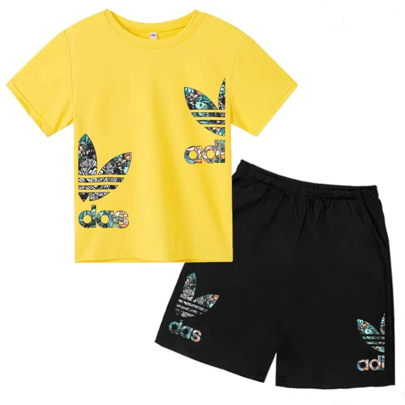 Kids T-shirt Set Colorful Letter Print Boys Girls 3-12Yrs Gift Short-sleeved+shorts 2P Round Neck Sports Casual Charming Clothes