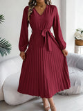 Autumn Winter Elegant V-Neck Button Belt Long Sleeved Solid Color Pleated Long Dress For Women Dresses