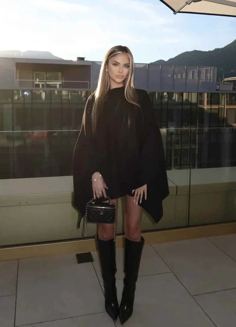 ETJ 2025 women's new fashion oversized loose version of the round neck cape sweater solid color bat sleeve sweater