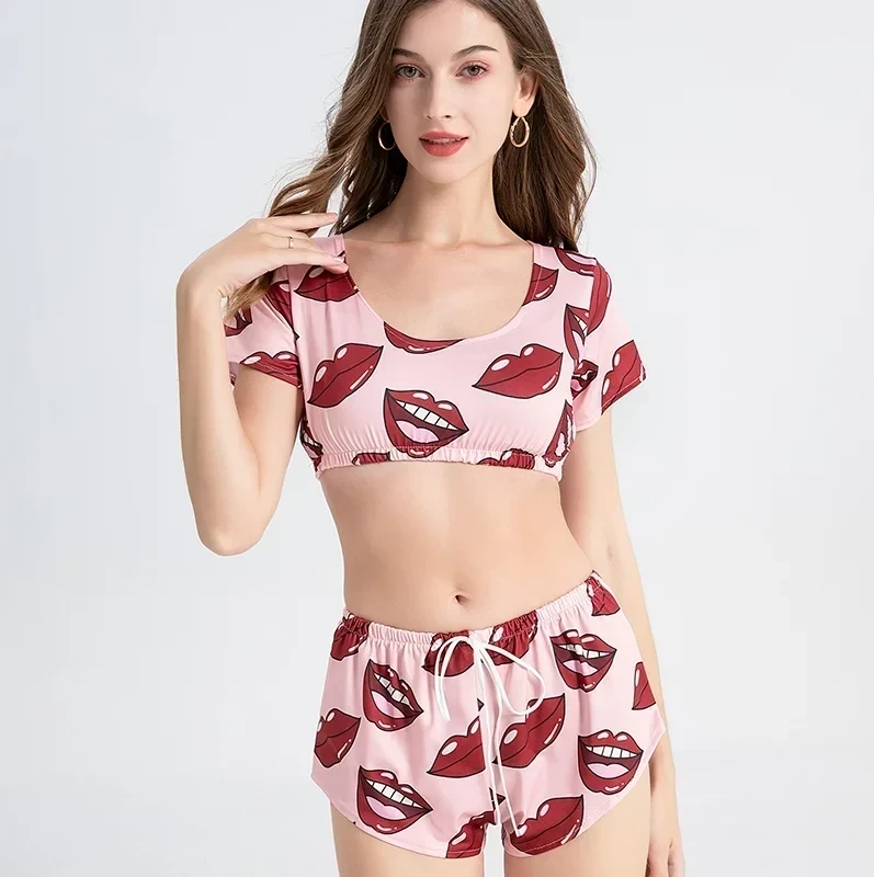 Summer Short Sexy Casual Lips Print Female Sleepwear Suit Pajamas 2pcs Top+Pants Skinng Women Homewear Underwear