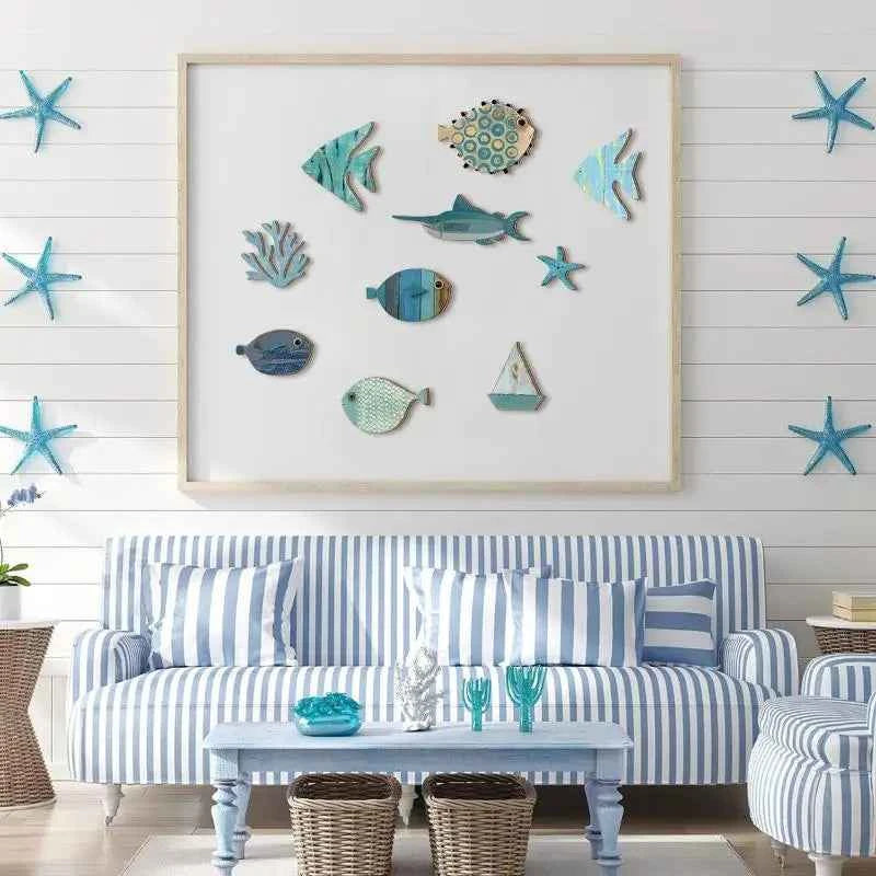 10pcs/set Fish Home Wall Decor Wooden Fish Hanging Beach Theme Bathroom Art Nautical Coastal Ocean Decoration