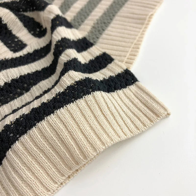 Spring and Summer Japanese Korean 1-6Y Children's Hollow Knitted Shirts Stylish Girl's Boy's Striped Short Sleeved T-shirts